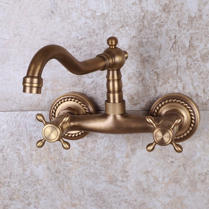 Antique Brass Wall-Mount Kitchen Faucet, Traditional Two-Hole Dual-Handle Swivel Spout Faucet