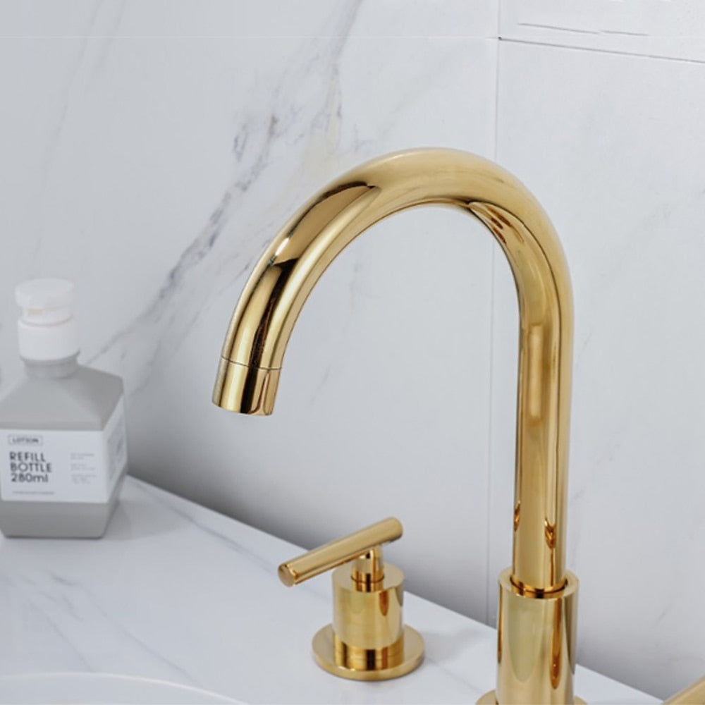 Modern 3-Hole Widespread Bathroom Faucet, Brass Dual-Handle Faucet with 360-Degree Swivel Spout, Chrome / Matte Black / Polished Gold