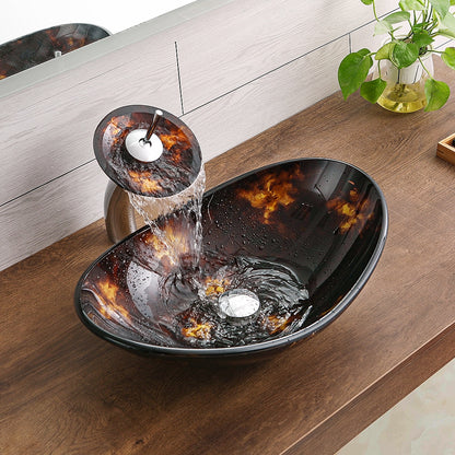 Waterfall Faucet, Brown Oval Glass Vessel Sink with Pop-Up Drain