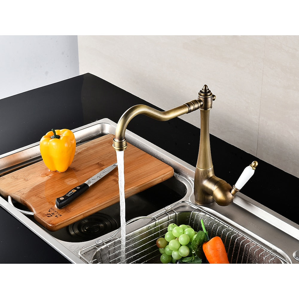 Antique Brass Retro Kitchen Faucet, Single-Hole Swivel Spout Faucet with Ceramic Handle