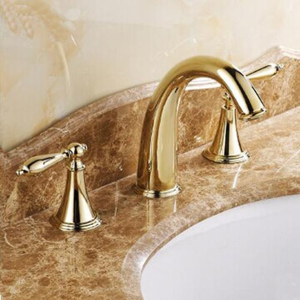 Polished Gold Traditional Widespread Bathroom Faucet, Dual-Handle Brass Sink Faucet