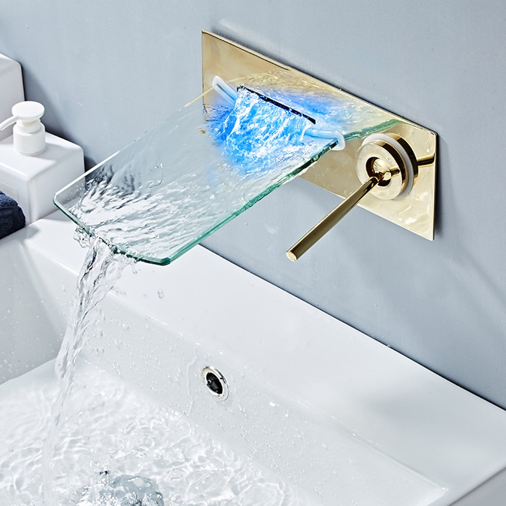 LED Waterfall Wall-Mount Faucet, Single-Handle Bathroom Basin Tap, Chrome / Brushed Nickel / Oil-Rubbed Bronze / Brushed Gold / Rose Gold