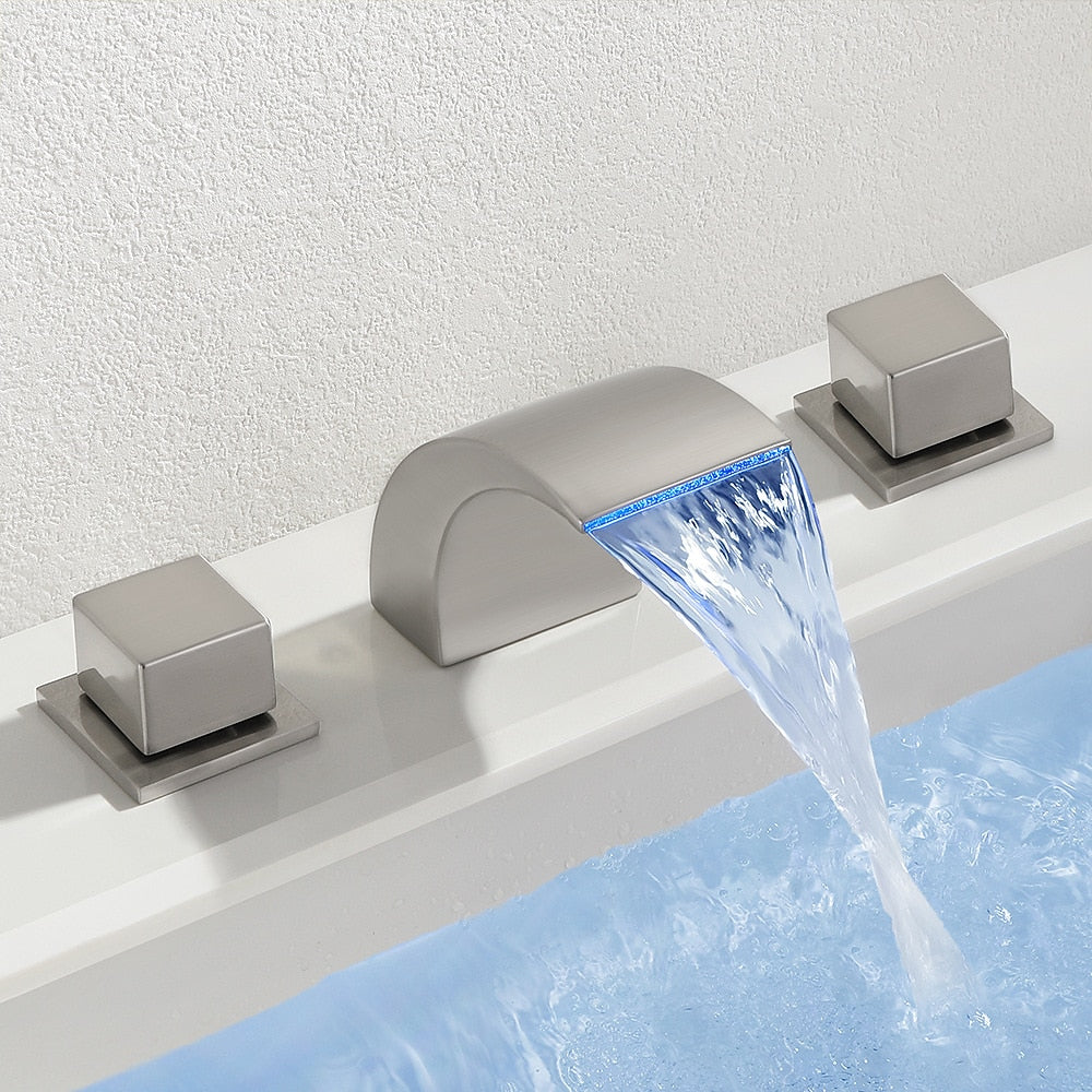 LED Waterfall Bathroom Faucet, Widespread Double-Handle Brass Faucet, Matte Black / Brushed Nickel / Chrome