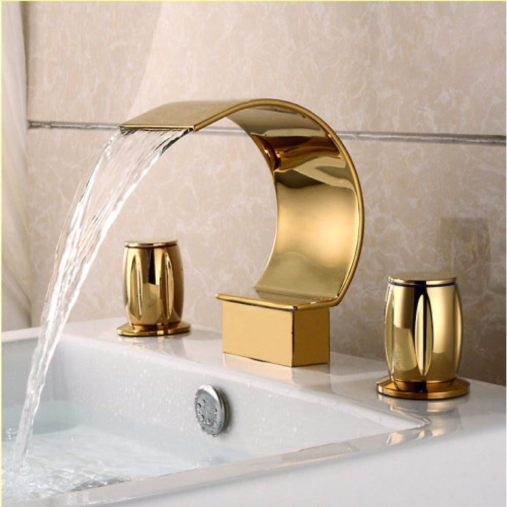 Waterfall Spout Bathroom Faucet, Modern Widespread Dual-Handle Faucet, Matte Black / Polished Gold