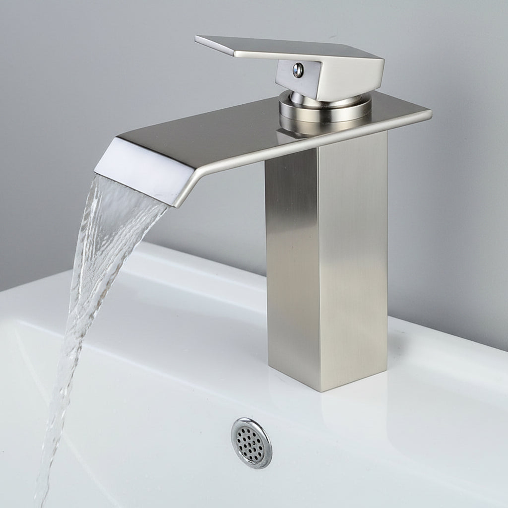 Waterfall Brushed Nickel Bathroom Faucet, Single-Handle Single-Hole Contemporary Faucet