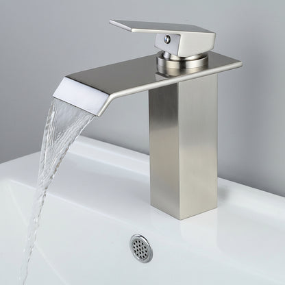 Waterfall Brushed Nickel Bathroom Faucet, Single-Handle Single-Hole Contemporary Faucet