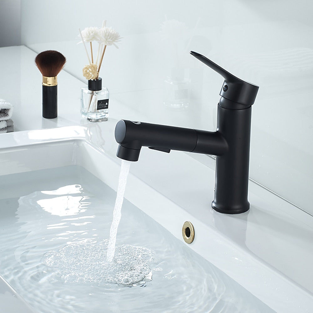 Modern Pull-Out Spray Bathroom Faucet, Single-Handle Brass Faucet, Matte Black / Chrome