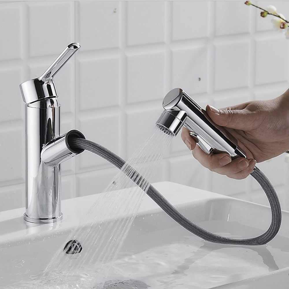 Pull-Out Single-Hole Bathroom Faucet, Single-Handle Basin Tap, Matte Black / Chrome