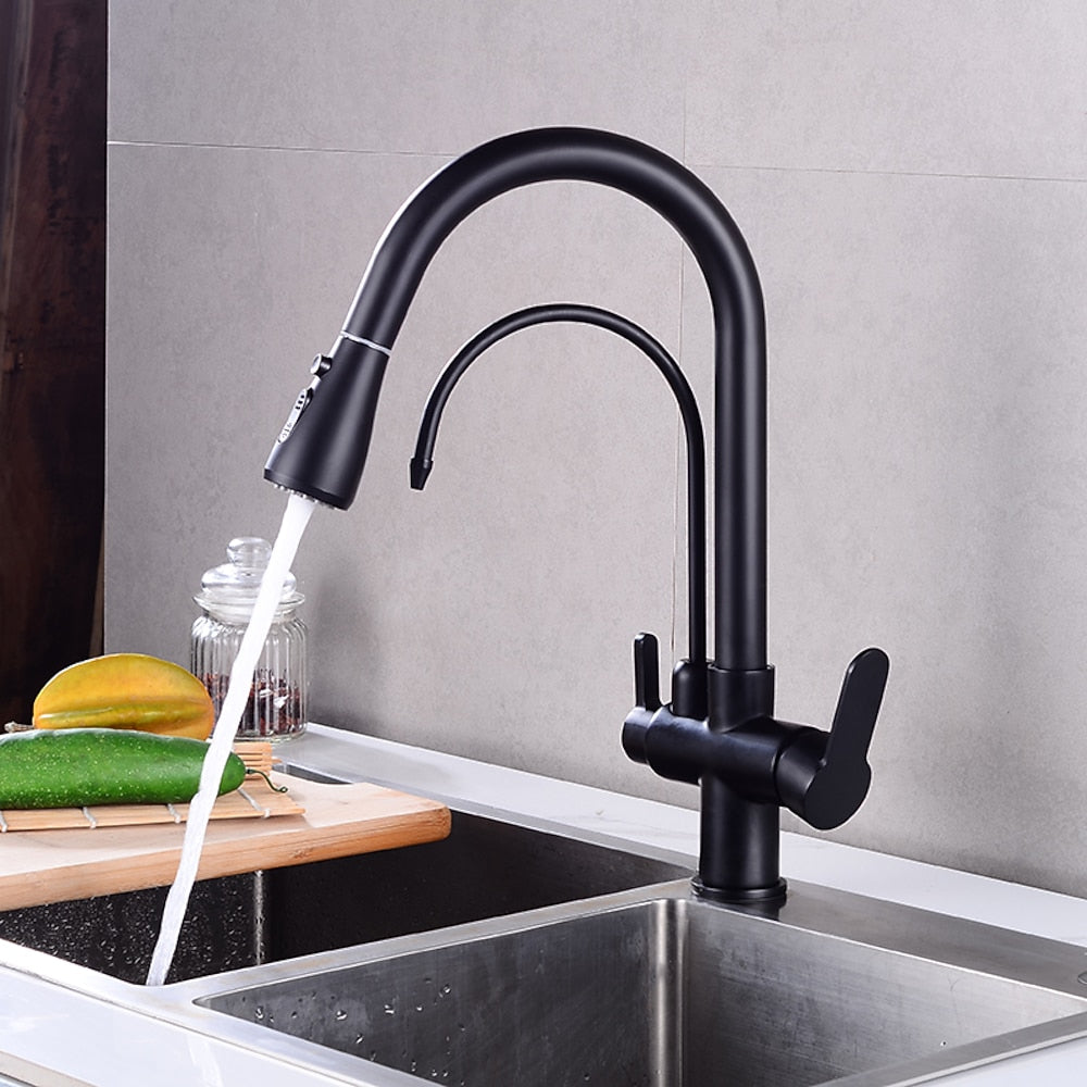 Modern 3-Way Pull-Down Kitchen Faucet, Dual-Handle Swivel Gooseneck Faucet, Gunmetal / Matte Black / Chrome / Matte White / Two-Tone / Antique Brass / Brushed Gold / Brushed Nickel