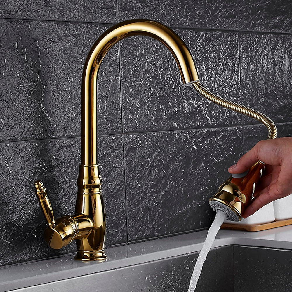 Polished Gold Single-Hole Pull-Down Kitchen Faucet, High Arc Swivel Brass Faucet