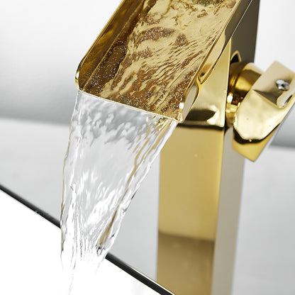 Brushed Gold Waterfall Bathroom Sink Faucet, Modern Single-Hole Single-Handle Faucet