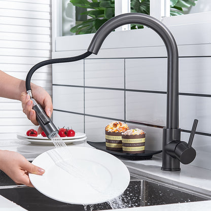 Modern Pull-Down Kitchen Faucet, Single-Handle Swivel Spout Faucet, Matte Black / Brushed Gold / Brushed Nickel / Chrome / Gunmetal