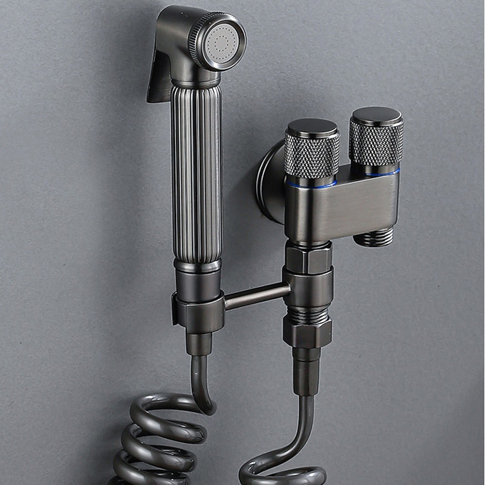 Dual-Handle Wall-Mount Bidet Sprayer, Solid Brass Shattaf Sprayer, Gray / Black / Silver