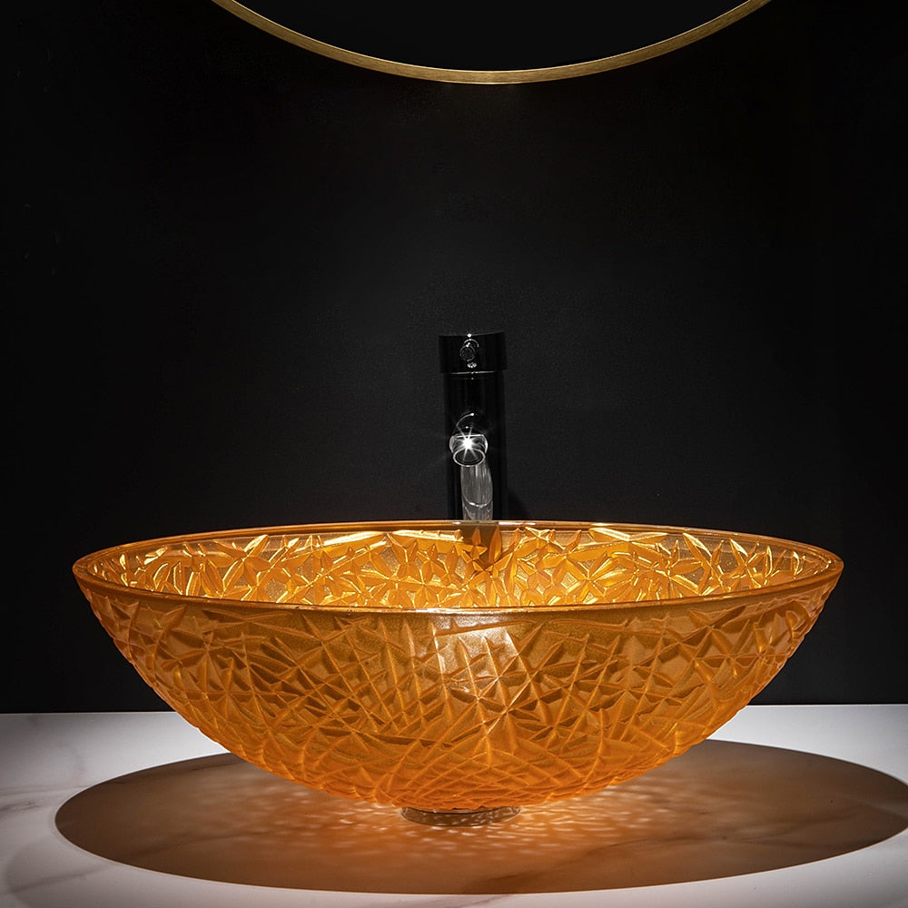 Orange Oval Glass Vessel Sink with Chrome Faucet, Single-Handle Bathroom Vessel Faucet with Pop-Up Drain