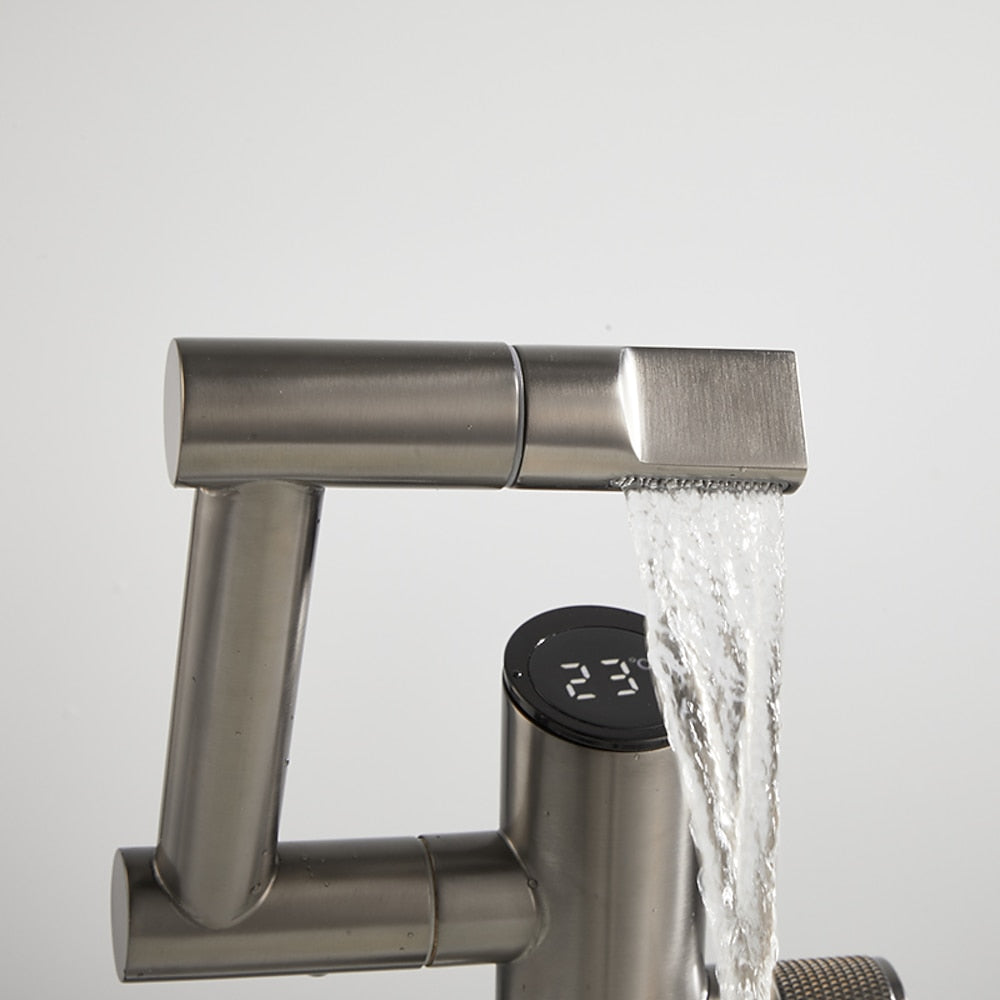 LED Digital Display Single-Hole Single-Handle Bathroom Faucet, Swivel Spout Brass Faucet, Matte Black / Matte White / Gunmetal