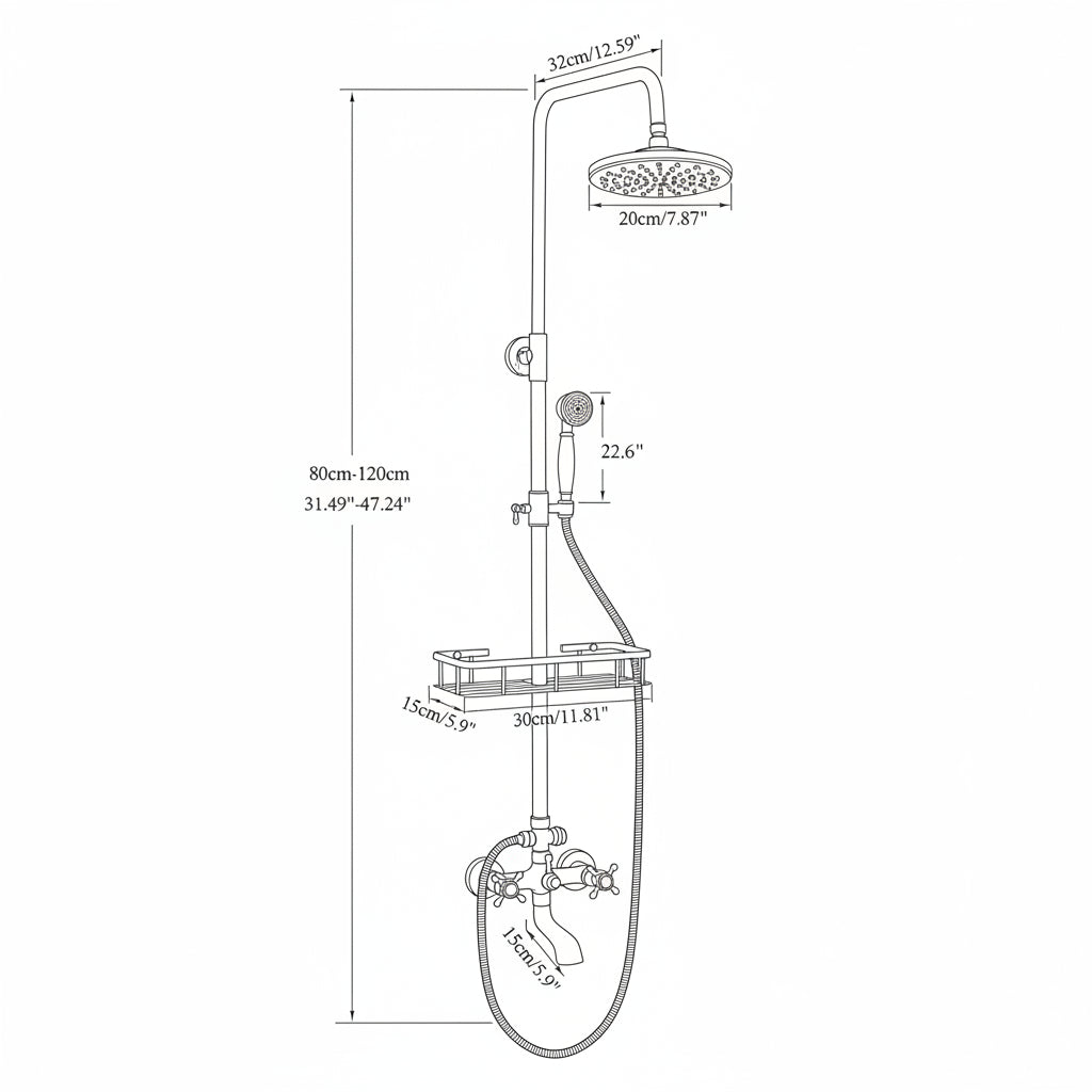 Gold shower system with dimensions on a gray background