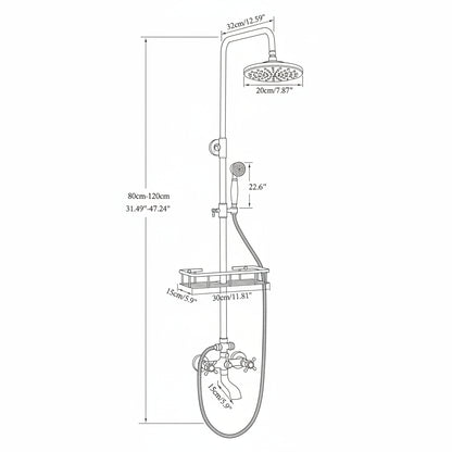 Gold shower system with dimensions on a gray background