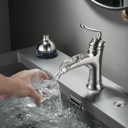 Waterfall Bathroom Faucet, Modern Single-Handle Brass Basin Faucet, Brushed Nickel / Matte Black