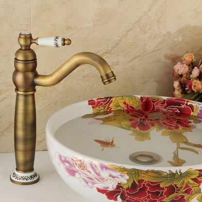 Vintage High-Arc Vessel Sink Faucet, Single-Handle Deck-Mounted Faucet, Brass Faucet with Ceramic Lever Handle, Antique Brass / Matte Black