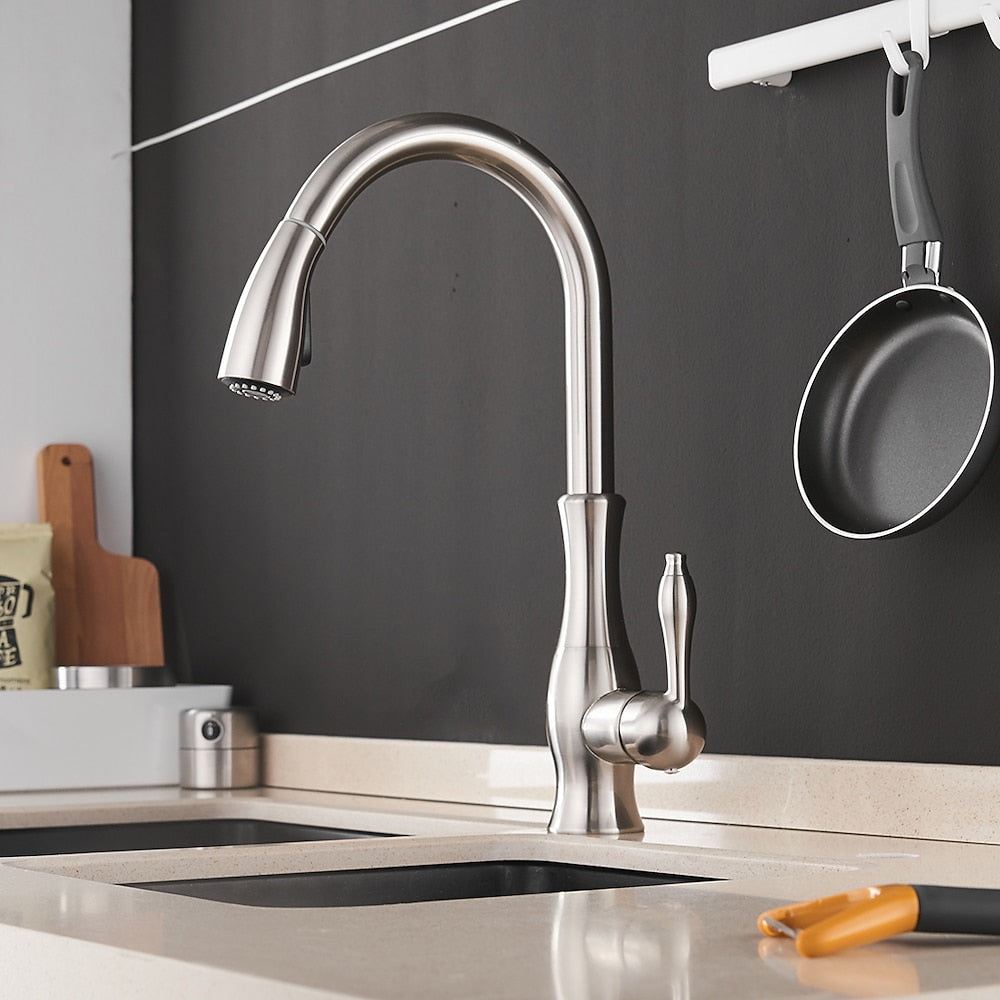 Pull-Down High Arc Kitchen Faucet, Single-Handle Brass Faucet, Brushed Nickel / Polished Gold / Chrome