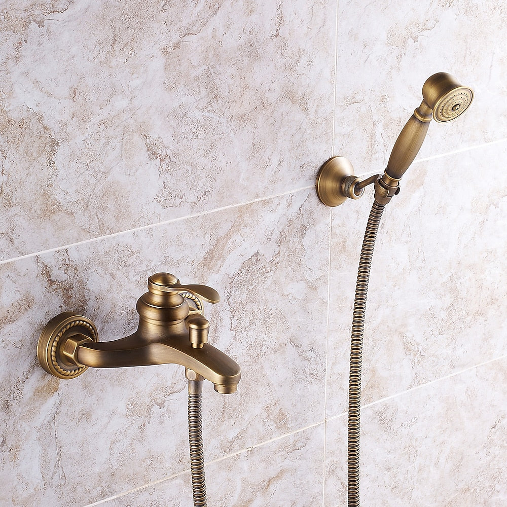 Antique Brass Wall-Mount Tub Faucet, Single-Handle Bath Shower Mixer Tap with Handheld Shower