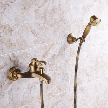 Antique Brass Wall-Mount Tub Faucet, Single-Handle Bath Shower Mixer Tap with Handheld Shower