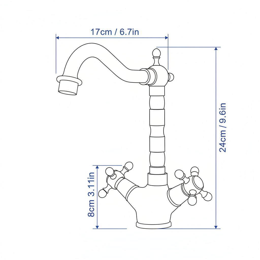 Bronze faucet with water flowing, shown with measurements on a neutral background.