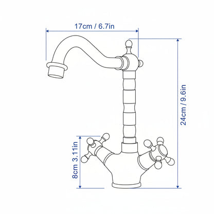Bronze faucet with water flowing, shown with measurements on a neutral background.