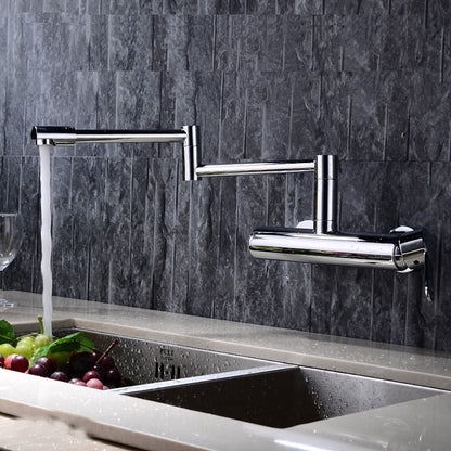 Chrome Wall-Mount Kitchen Faucet, Double-Joint Folding Swivel Spout Brass Faucet