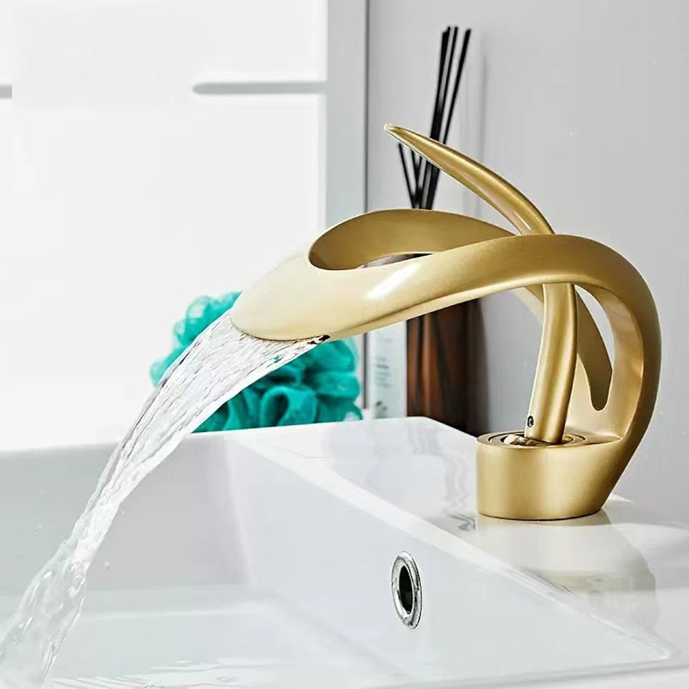 Modern Waterfall Bathroom Faucet, Single-Handle Single-Hole Sink Faucet, Matte Black / Chrome / Brushed Gold / Matte White / Gunmetal