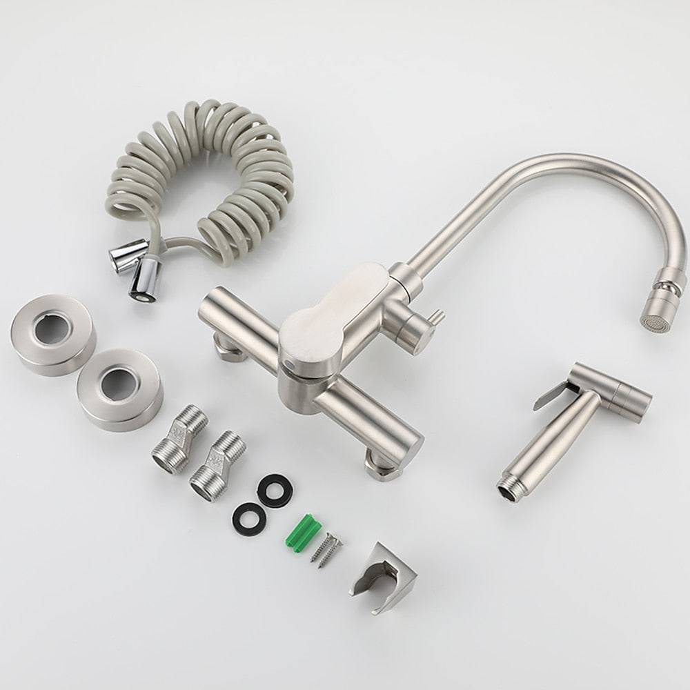 Brushed Nickel Modern Wall-Mount Kitchen Faucet, Dual-Hole Single-Handle Faucet with Handheld Bidet Sprayer