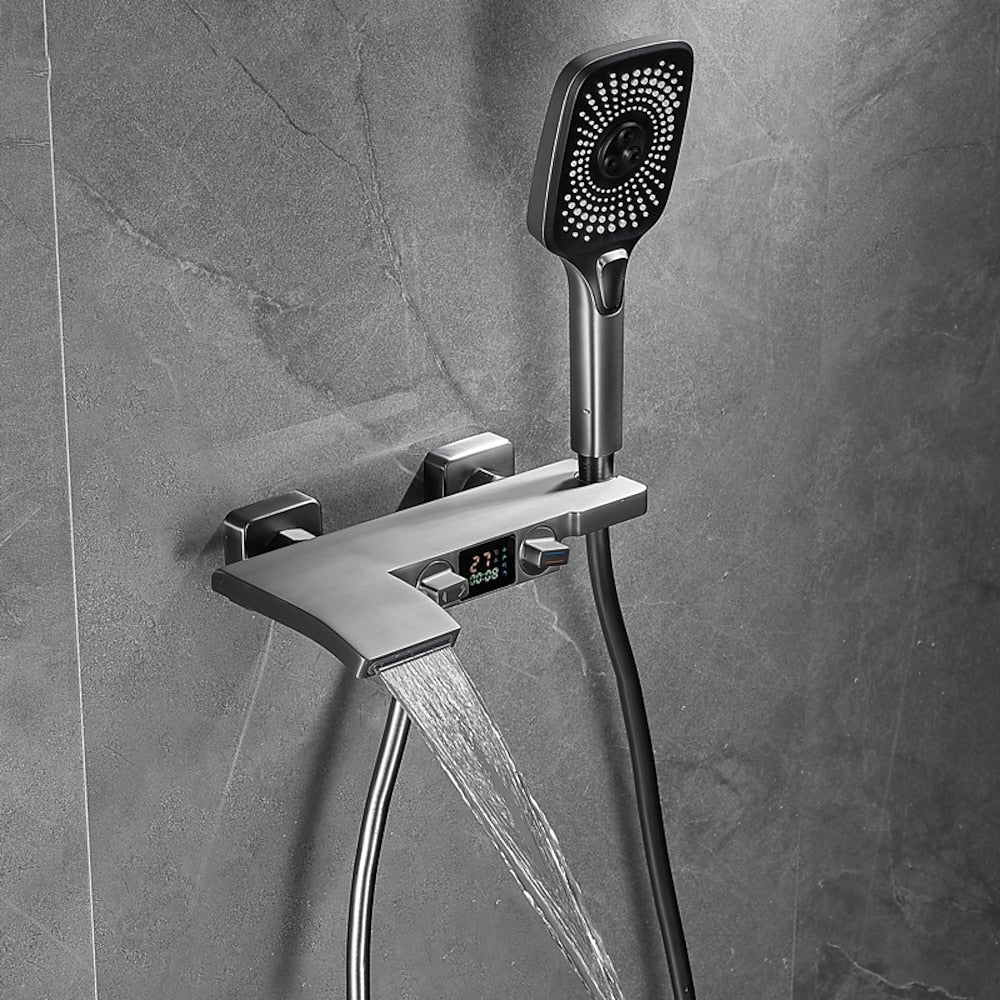 Wall-Mount Waterfall Tub Faucet, Dual-Handle Bath Mixer Tap with Handheld Shower