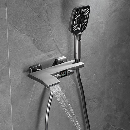 Wall-Mount Waterfall Tub Faucet, Dual-Handle Bath Mixer Tap with Handheld Shower