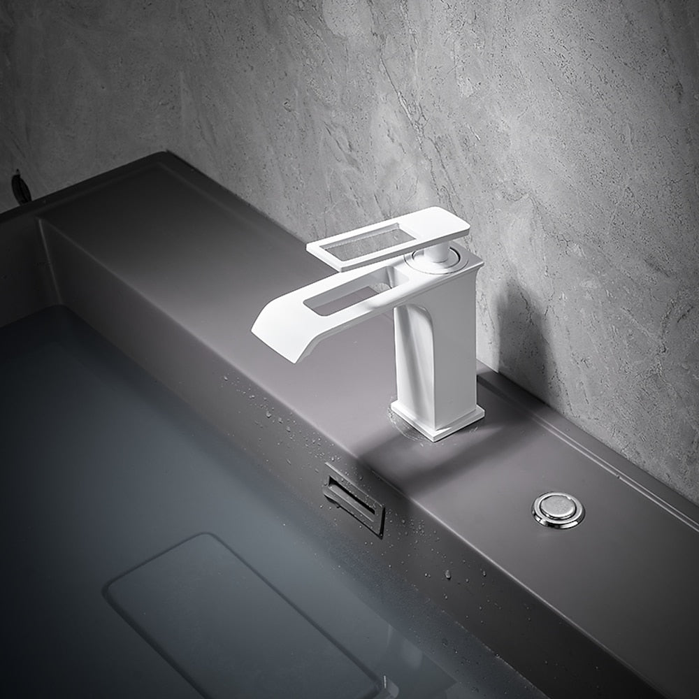 Modern Waterfall Bathroom Faucet, Single-Handle Brass Faucet, Brushed Gold / Chrome / Gunmetal / Matte Black / Matte White