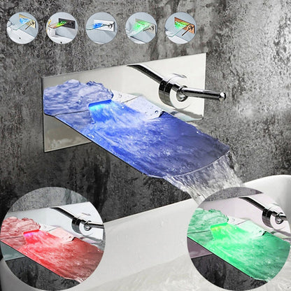 LED Waterfall Wall-Mount Faucet, Single-Handle Bathroom Basin Tap, Chrome / Brushed Nickel / Oil-Rubbed Bronze / Brushed Gold / Rose Gold