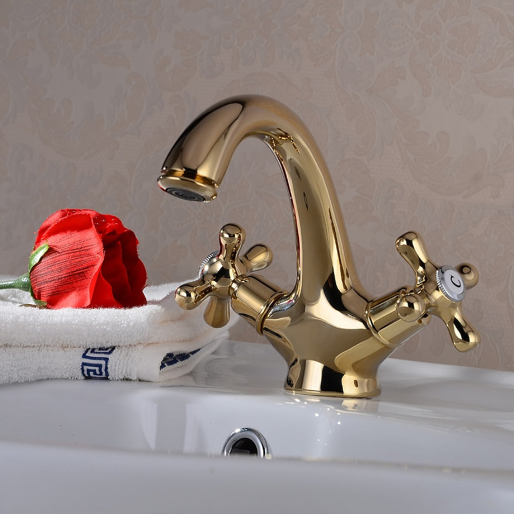 Polished Gold Traditional Single-Hole Bathroom Faucet, Dual Cross Handle High Arc Faucet