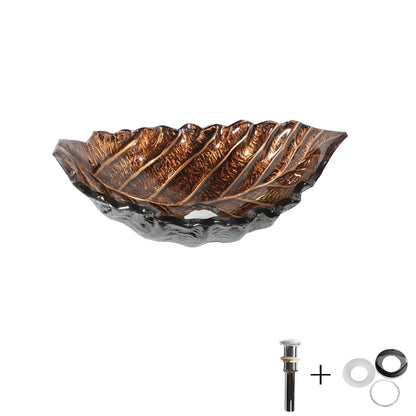 Antique Brass Single-Handle Waterfall Faucet, Leaf-Shaped Tempered Glass Vessel Sink Set with Pop-Up Drain