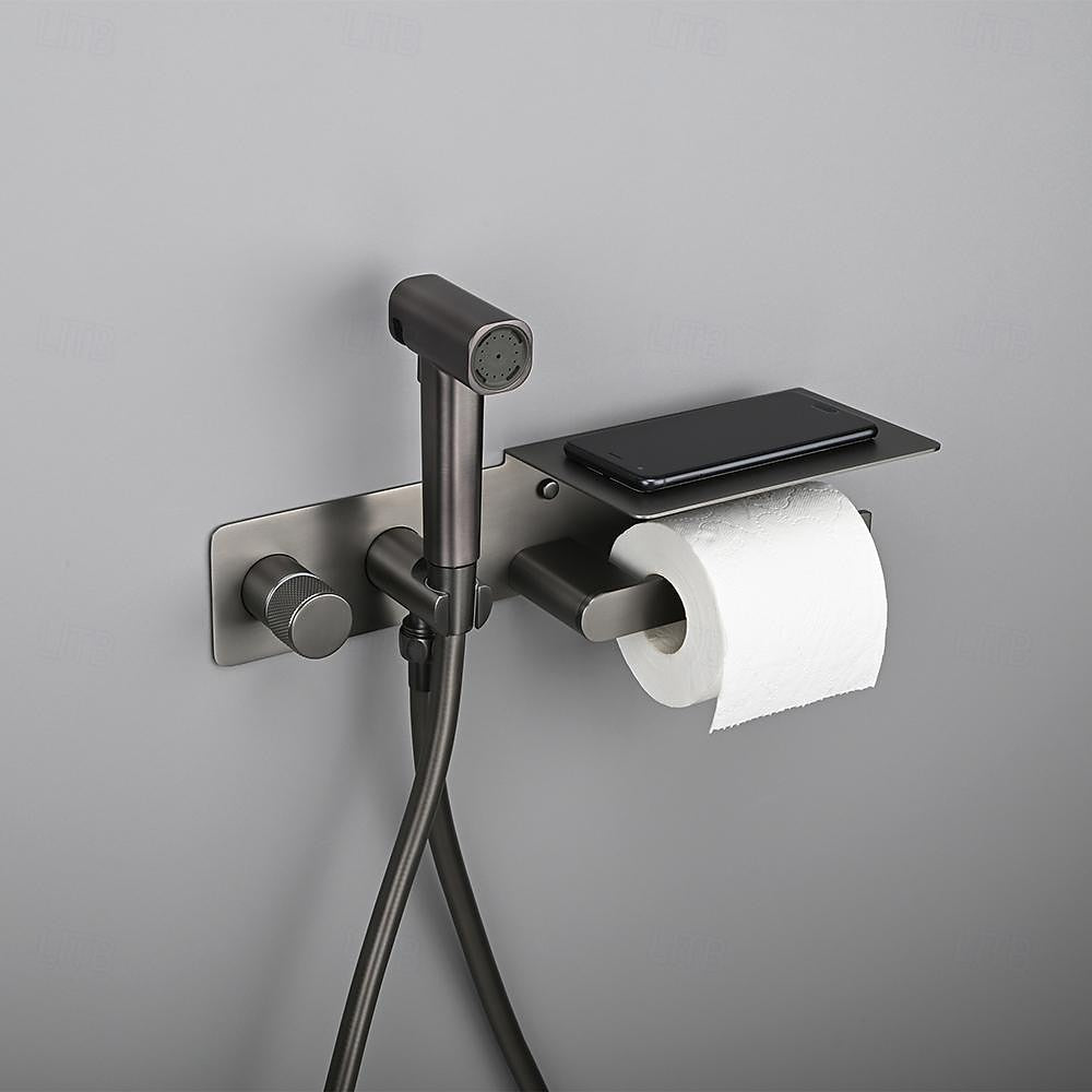 Self-Cleaning Wall-Mounted Bidet Sprayer Faucet, Single-Handle Concealed Valve Spray Set with Toilet Paper Holder / Storage Shelf, Matte Black / Brushed Gold / Chrome / Gunmetal