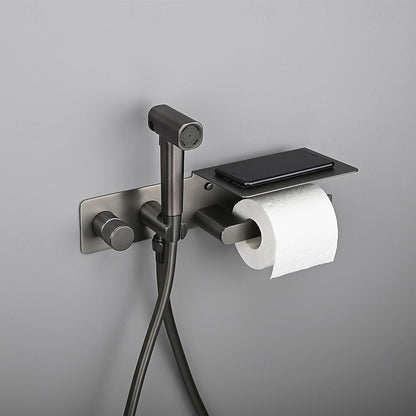 Self-Cleaning Wall-Mounted Bidet Sprayer Faucet, Single-Handle Concealed Valve Spray Set with Toilet Paper Holder / Storage Shelf, Matte Black / Brushed Gold / Chrome / Gunmetal