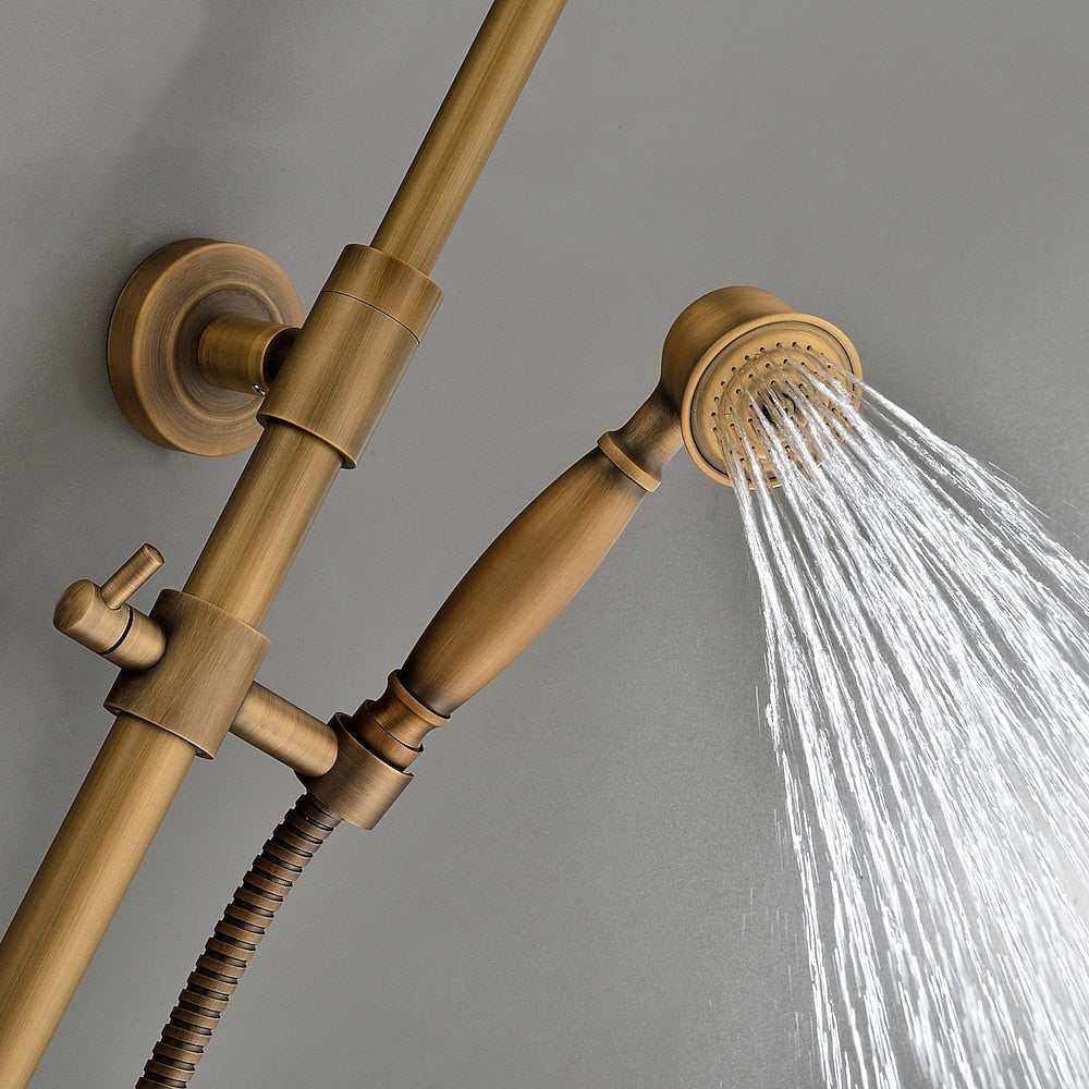 Traditional Antique Brass Wall-Mount Shower System, Single-Handle Exposed Pipe Faucet with 8-Inch Rainfall Shower Head, Handheld Sprayer