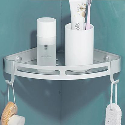 Modern Space Aluminum Wall-Mount Corner Shower Shelf, Triangle Single-Layer Shower Caddy with Hooks, Matte Black / Stainless Steel