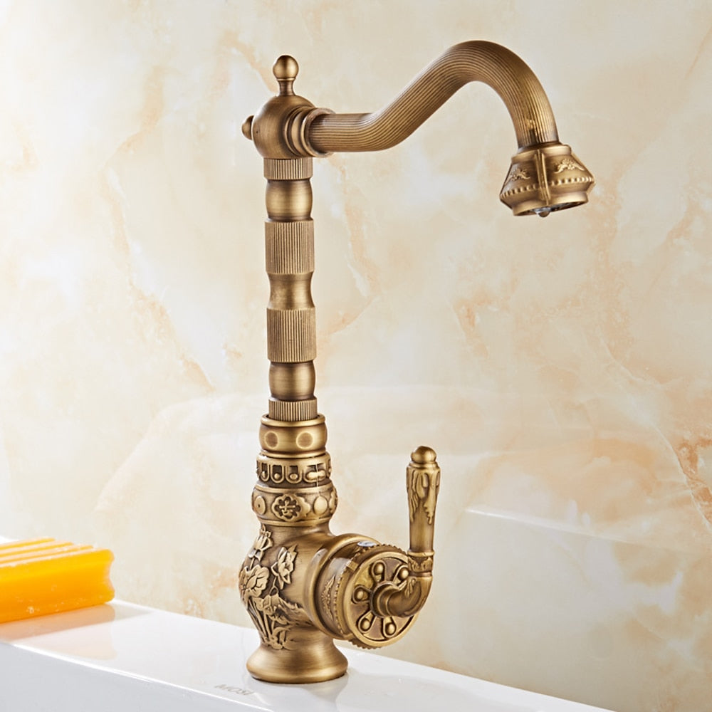 Antique Brass Traditional Single-Handle Kitchen Faucet, High Arc Swivel Spout Sink Faucet with Water Inlet Hoses
