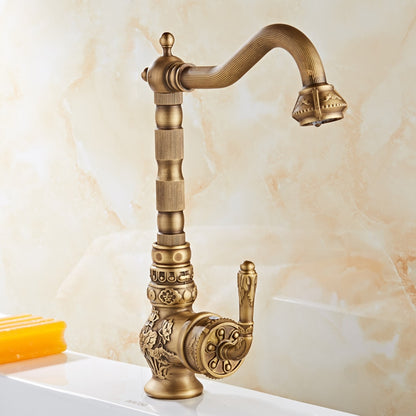 Antique Brass Traditional Single-Handle Kitchen Faucet, High Arc Swivel Spout Sink Faucet with Water Inlet Hoses
