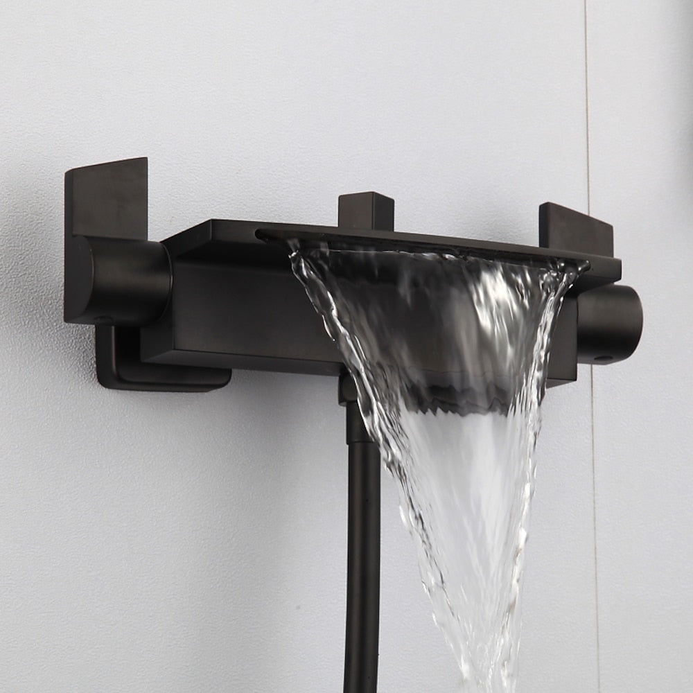 Waterfall Wall-Mount Tub Filler, Modern Brass Dual-Handle Bathtub Faucet with Handheld Shower, Chrome / Matte Black