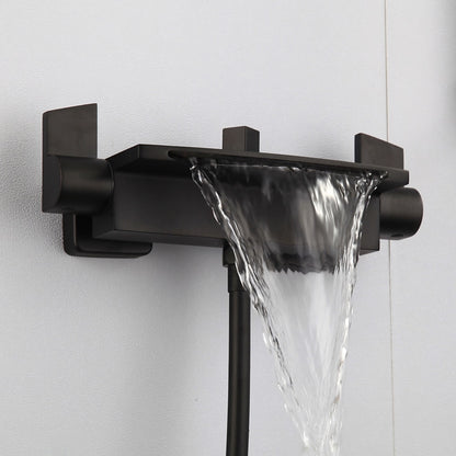 Waterfall Wall-Mount Tub Filler, Modern Brass Dual-Handle Bathtub Faucet with Handheld Shower, Chrome / Matte Black
