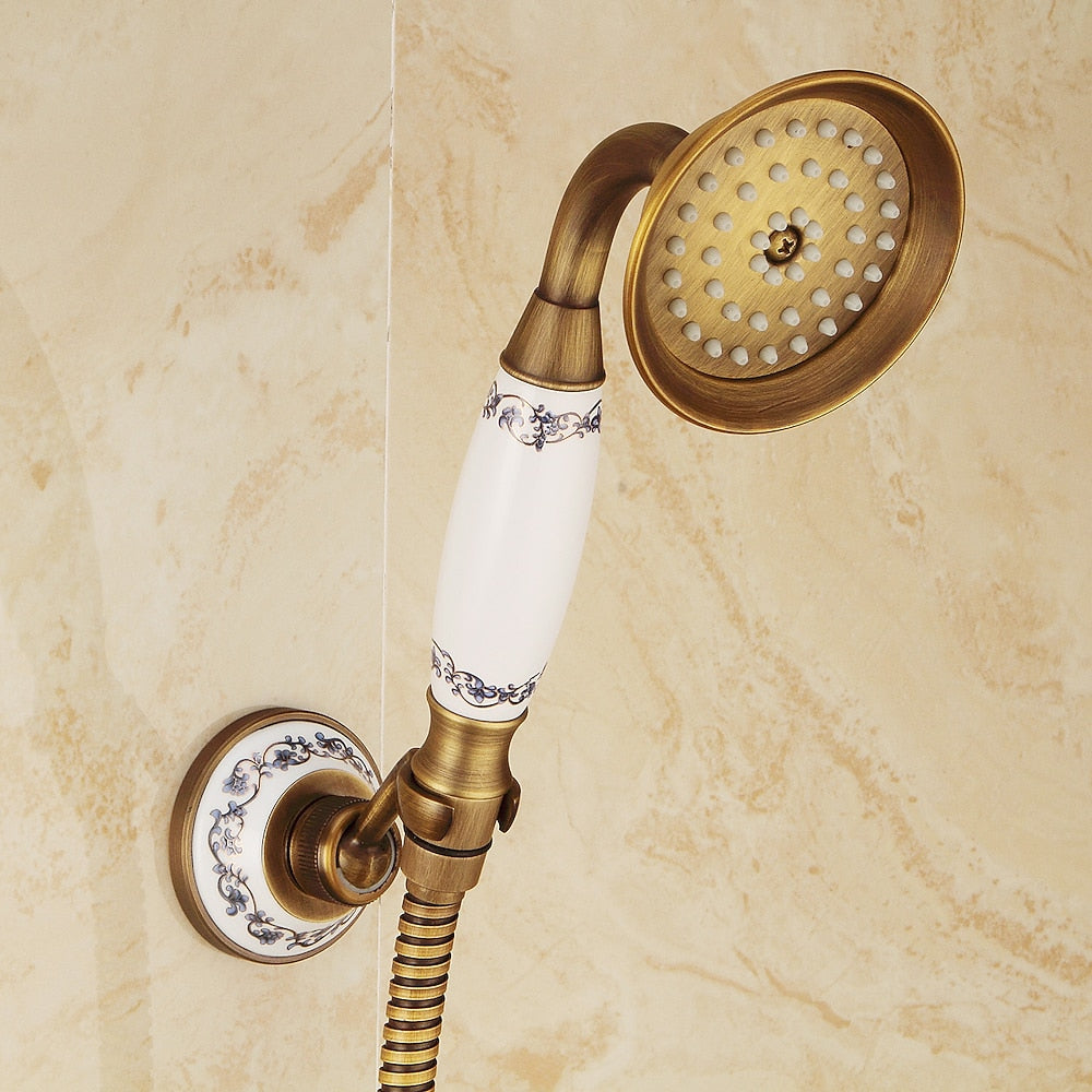 Antique Brass Wall-Mount Shower Faucet Set, Vintage Double-Handle Brass Shower Faucet with Handheld Shower