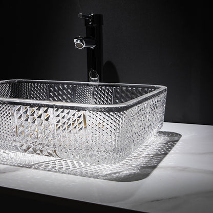 Transparent Rectangular Glass Vessel Sink, Single-Handle Chrome Faucet / Gold Pop-Up Drain Vessel Sink Set
