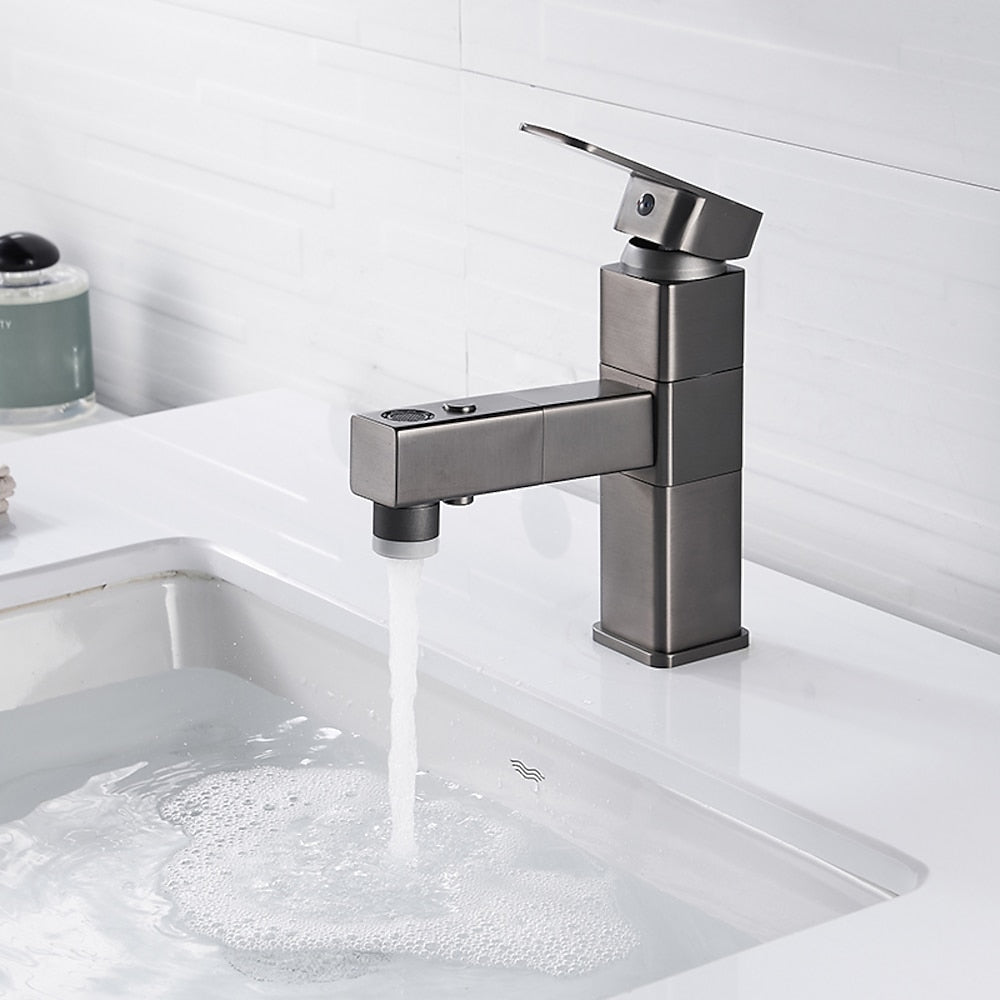 Modern Pull-Out Bathroom Faucet, Single-Hole Swivel Spout Faucet, Matte Black / Chrome / Brushed Nickel / Gunmetal / Matte White
