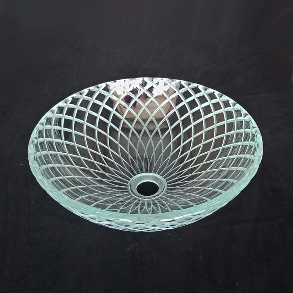 Contemporary Tempered Glass Vessel Bathroom Sink, Round Carved Vanity Basin with Pop-Up Drain / Mounting Ring