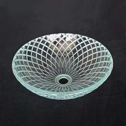 Contemporary Tempered Glass Vessel Bathroom Sink, Round Carved Vanity Basin with Pop-Up Drain / Mounting Ring
